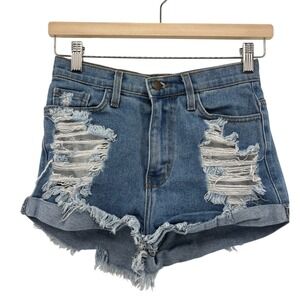 Vibrant MIU Denim Shorts Womens S Blue Distressed High Waisted Raw Hem S1044